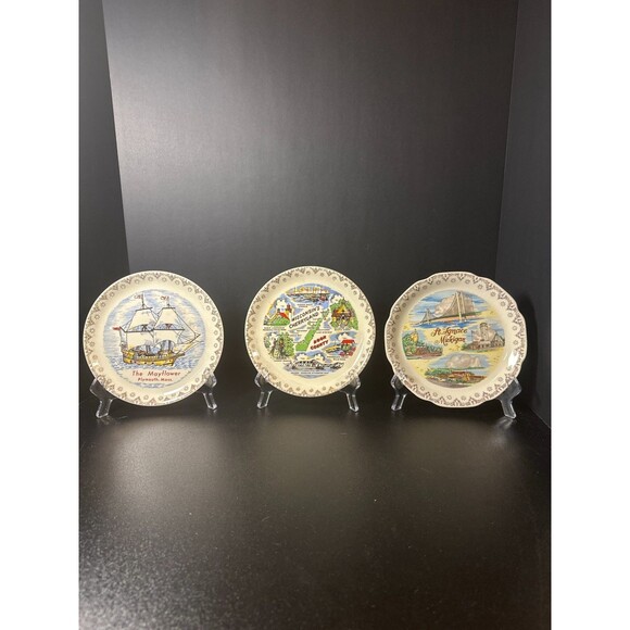 Vintage Souvenir Plate Trio – Mayflower, Door County WI, St. Ignace MI – 7.25" - Picture 1 of 7